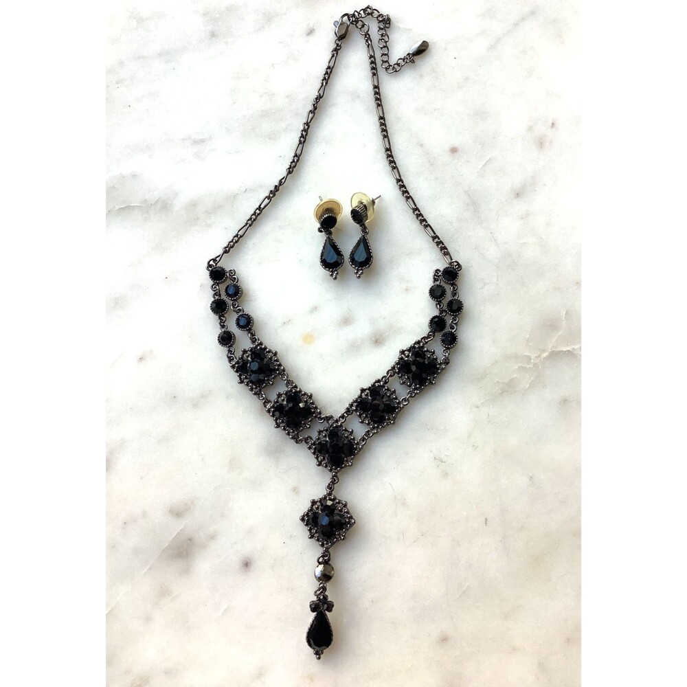 Antique Finish Jewelry Necklace Earrings Set Black Jet PoFJ Pride Of Fashion
